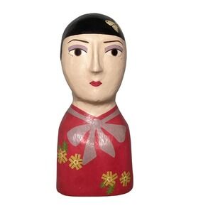 Papermache Hand Painted Woman Bust Red Dress Flowers Butterfly Decor Folk Art
